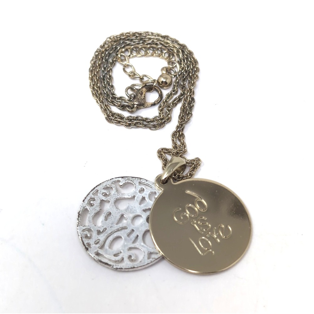 God is Love Pendant Necklace Gold Tone Disc/Silver Filigree Openwork Religious